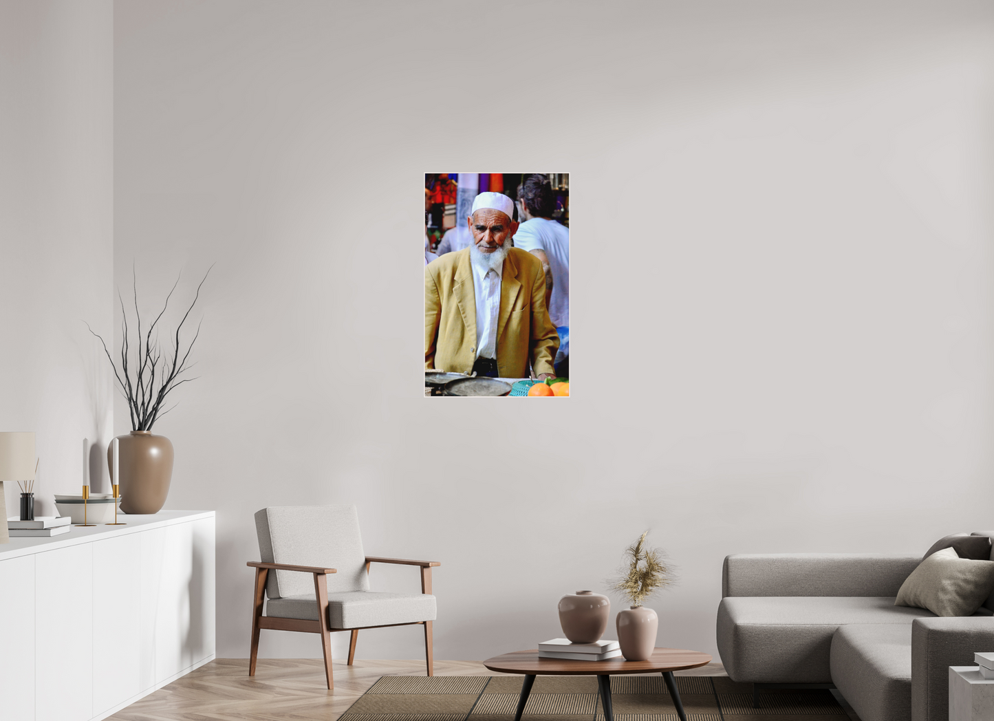 60 x 92,9 cm, Foto Abzug hinter Acrylglas Matt; Art Box aus Massivholz 4 mm Ahorn weiß Old Berber Man in the Souks of Marrakech - Fine Art Photo Print under Acrylic Glass; Art Box Frame, White Maple Wood, 50 mm