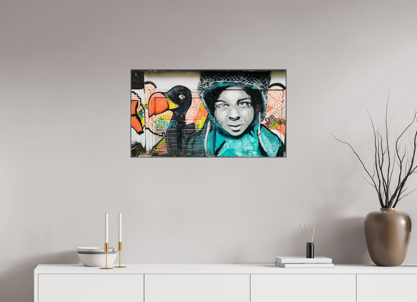 80 x 45 cm, Art Box 50 mm - Aluminium Rahmen - Foto-Abzug hinter Acrylglas - printed and designed by Whitewall My Friend Dodo - Graffiti Street Art - Port Louis Mauritius; Photo Art Print under Acrylic Glass