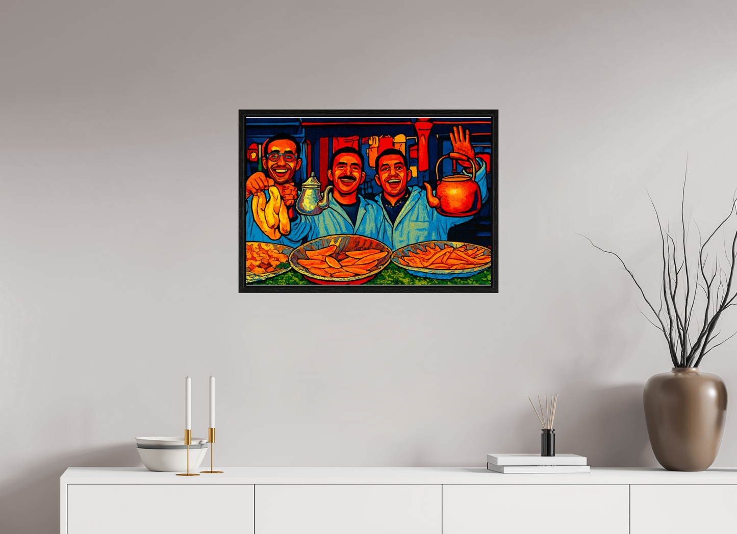 72,6 x 50 cm, Foto Print on Acrylic glass; Oak Wood Frame Basel 15 mm Oriental Food with Good Mood - Pop Art Design, Vol.3- Photo Art Print under Acrylic Glass