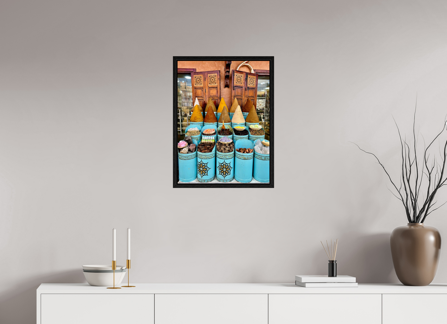 45 x 60 cm, Foto Print on Acrylic glass; Oak Wood Frame Basel 15 mm Colors and Spices Vol. 7 - Souks of Marrakech; Photo Art Print under Acrylic Glass; Phto by J. Schleenbecker, Copyright 2025.