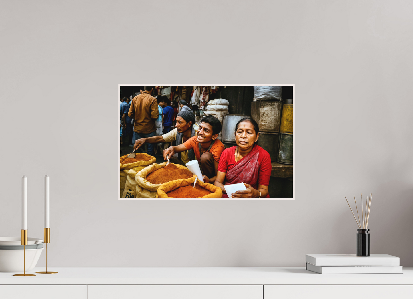 46 x 30 cm, Foto Abzug hinter Acrylglas Matt; Art Box aus Massivholz 4 mm Ahorn weiß Market Scene from Himalaya - Old Spice Market Kathmandu-Nepal Vol.1
