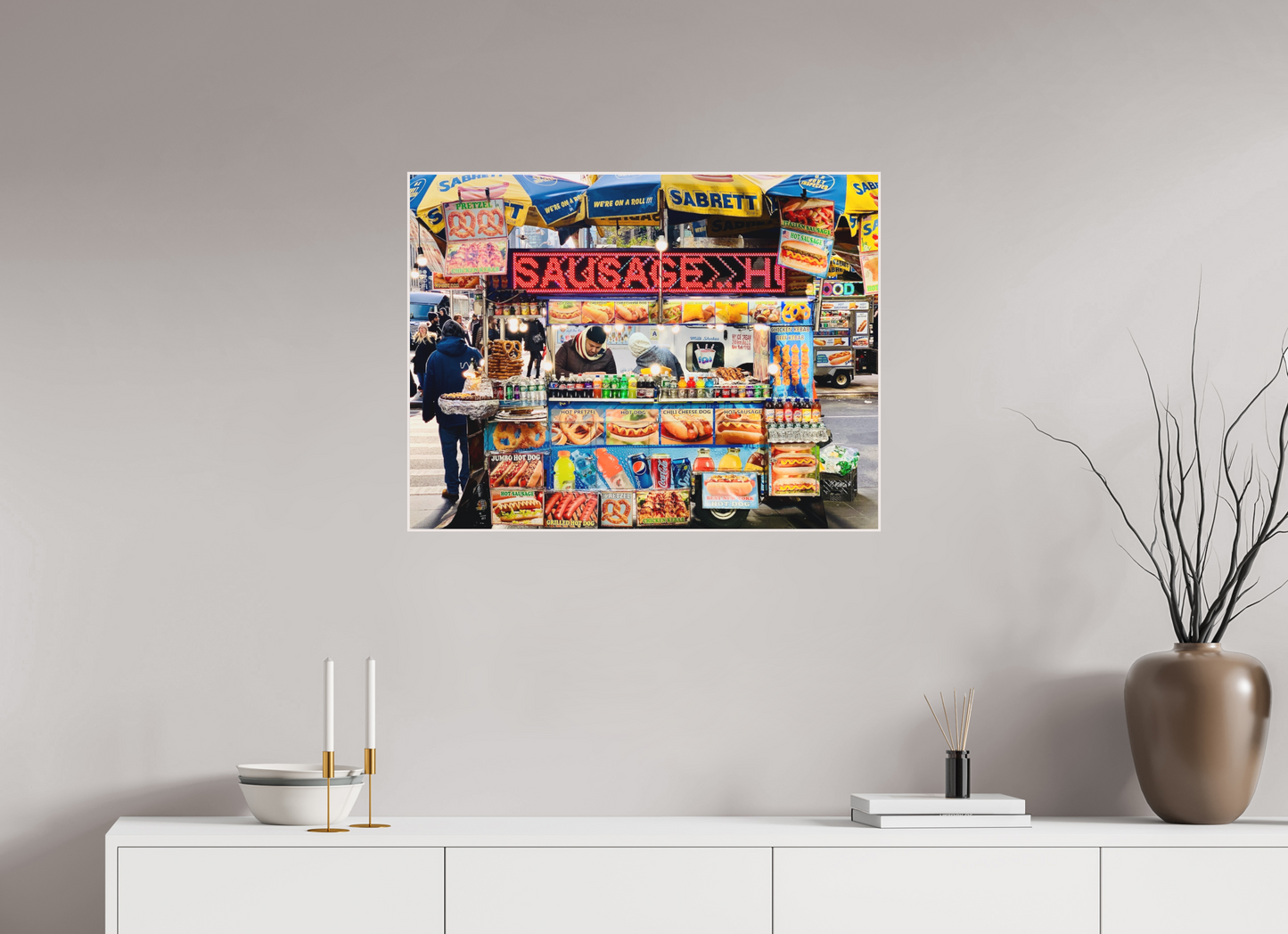 79,2 x 60 cm, Foto Abzug hinter Acrylglas Matt; Art Box aus Massivholz 4 mm Ahorn weiß NCY Streetfood Vol.1 - Manhatten New York City; Fine Art Photo Print under Acrylic Glass