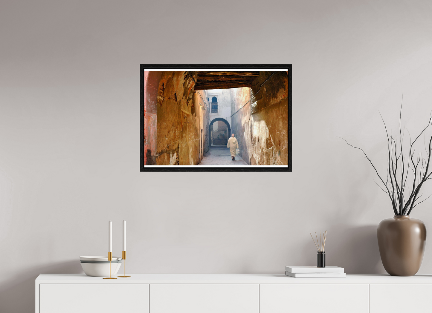 72,6 x 50 cm, Foto Print on Acrylic glass; Oak Wood Frame Basel 15 mm The Souks of Marrakech - Hidden in the Medina; Fine Art Photo Print under Acrylic Glass