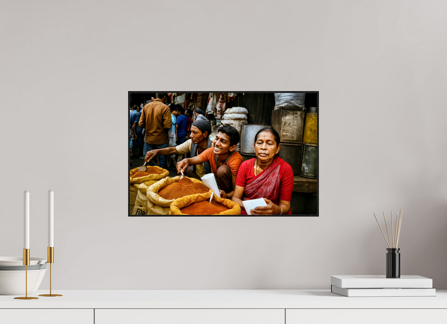 46 x 30 cm, Foto-Abzug hinter Acrylglas glänzend - ArtBox aus Massivholz 4 mm, Eiche schwarz Market Scene from Himalaya - Old Spice Market Kathmandu-Nepal Vol.1