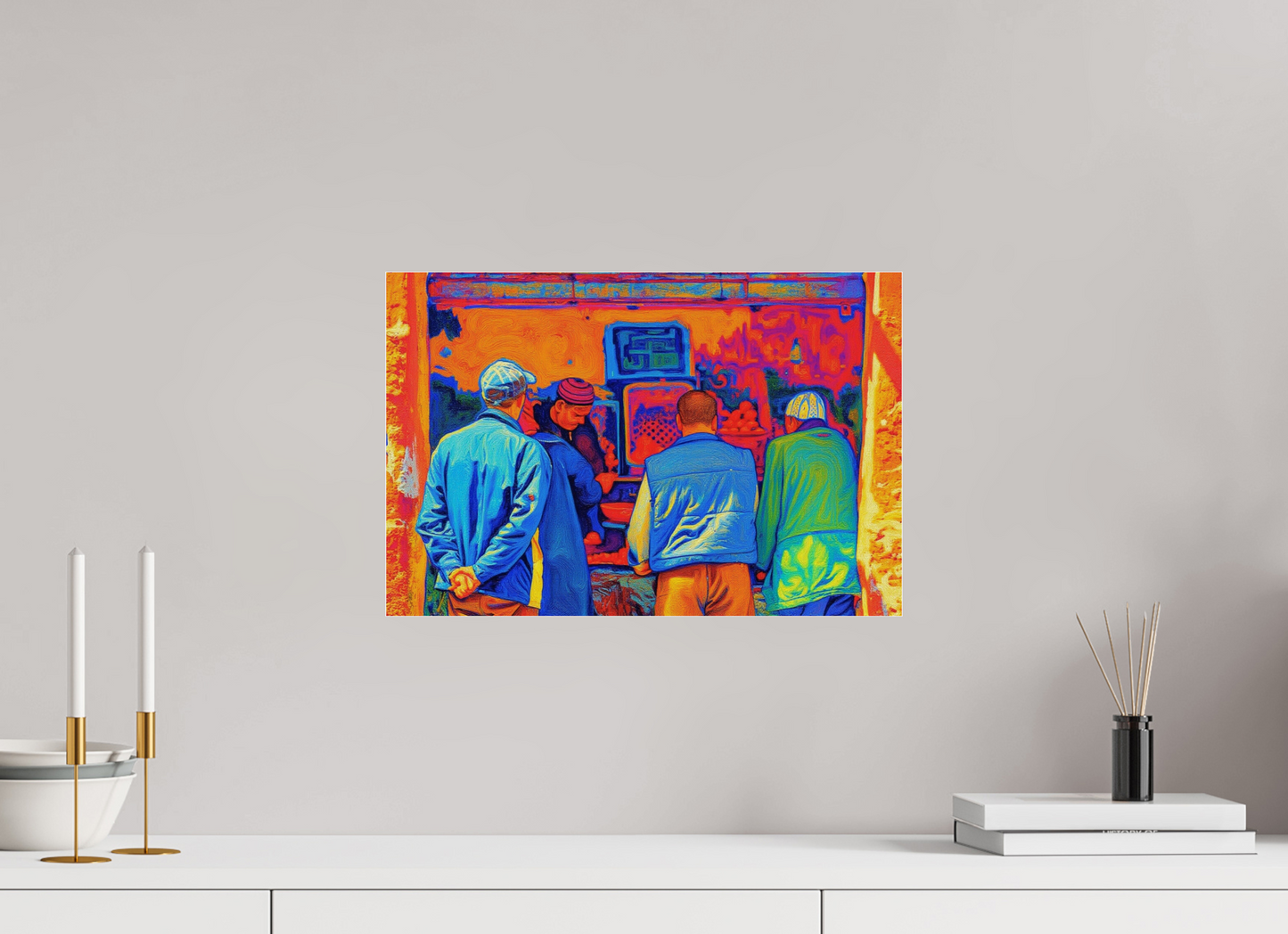 45 x 30 cm, Photo Print Under Acrylic Glass Small Berber Shop at Marrakech Medina Vol.3 - Pop Art Design; Photo Print on Acrylic Glass.