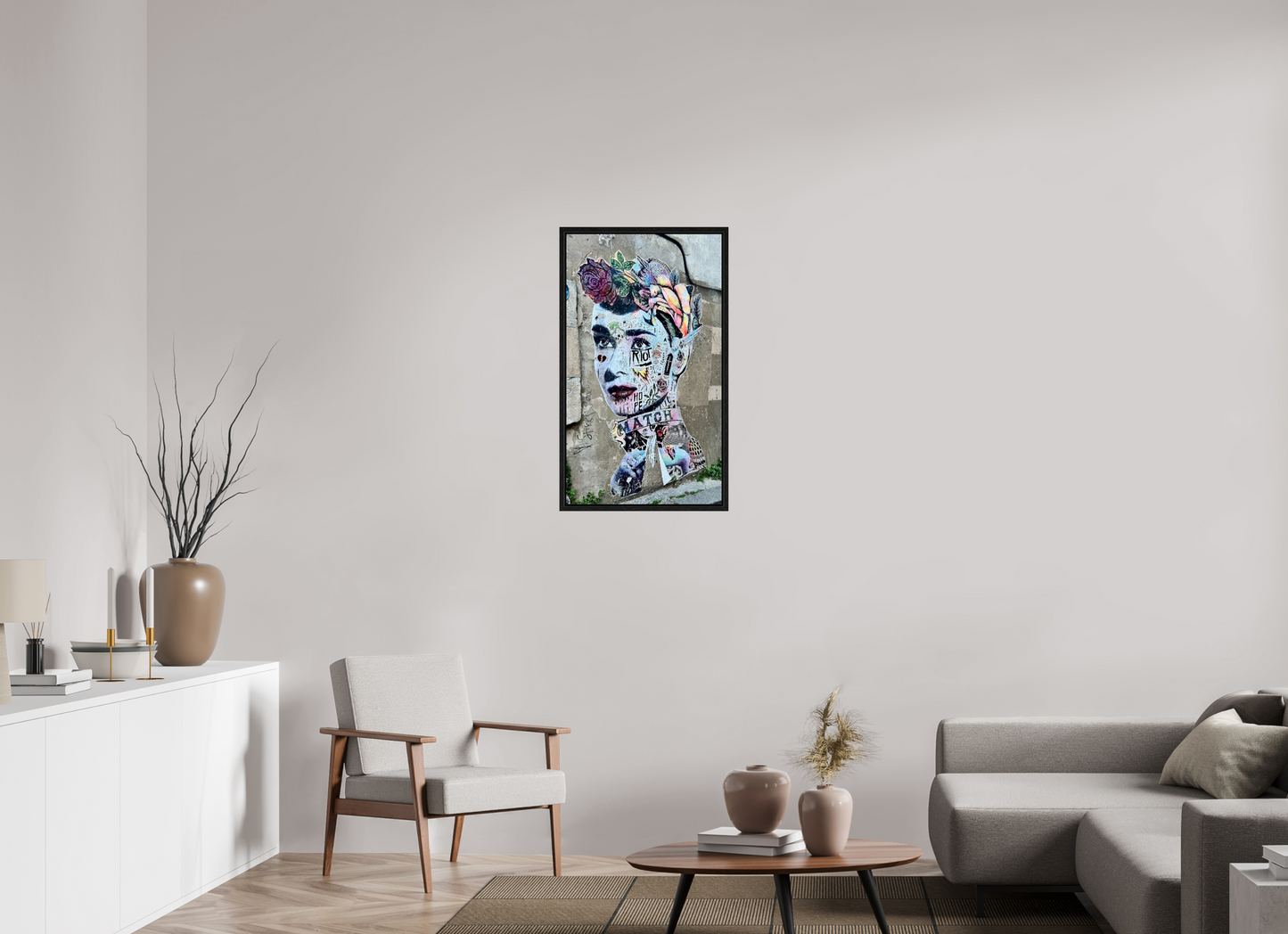 50 x 87 cm, Foto Print on Acrylic glass; Oak Wood Frame Basel 15 mm Free Lady from Montmartre - Street Pop Art Vol. 2 - Fine Art Photo Print under Acrylic Glass