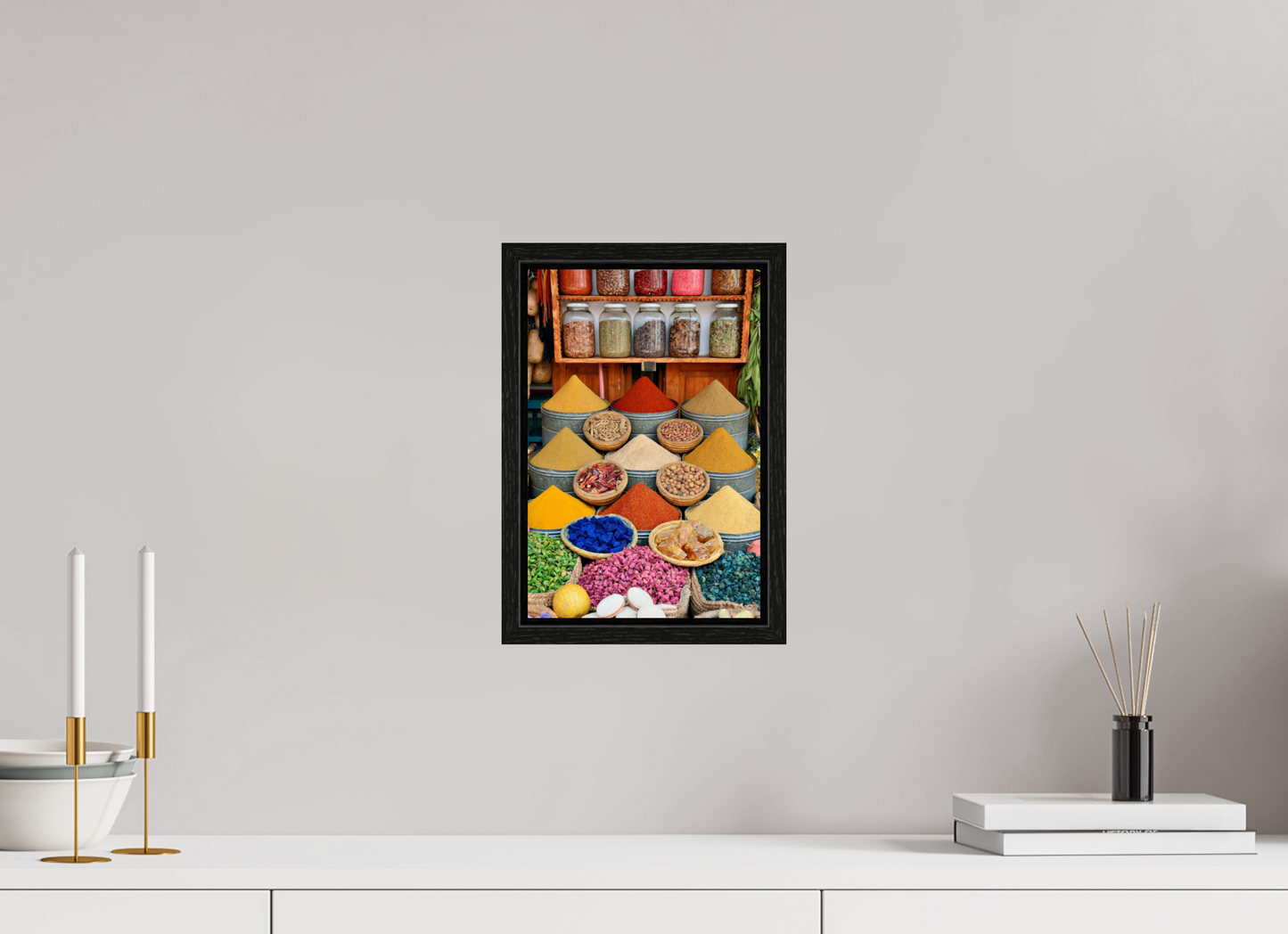 20 x 30 cm, Foto Print on Acrylic glass; Oak Wood Frame Basel 15 mm Spices and Colors from Marrakech; Image taken by J. Schleenbecker; copyright 2025 Fine Art Photo Print under Acrylic Glass