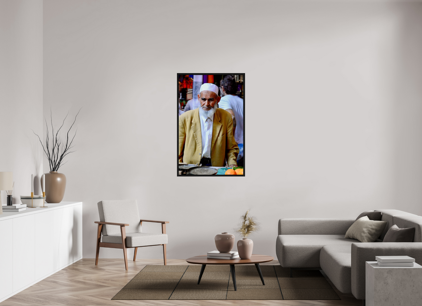 80 x 123,8 cm, Foto Print on Acrylic glass; Oak Wood Frame Basel 15 mm Old Berber Man in the Souks of Marrakech; Photo Art Print on Acrylic glass; Oak wood frame