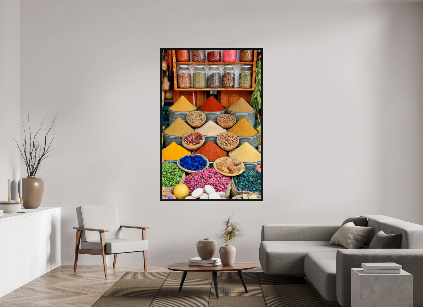 120 x 180 cm, Foto Print on Acrylic glass; Oak Wood Frame Basel 15 mm Spices and Colors from Marrakech; Image taken by J. Schleenbecker; copyright 2025 Fine Art Photo Print under Acrylic Glass
