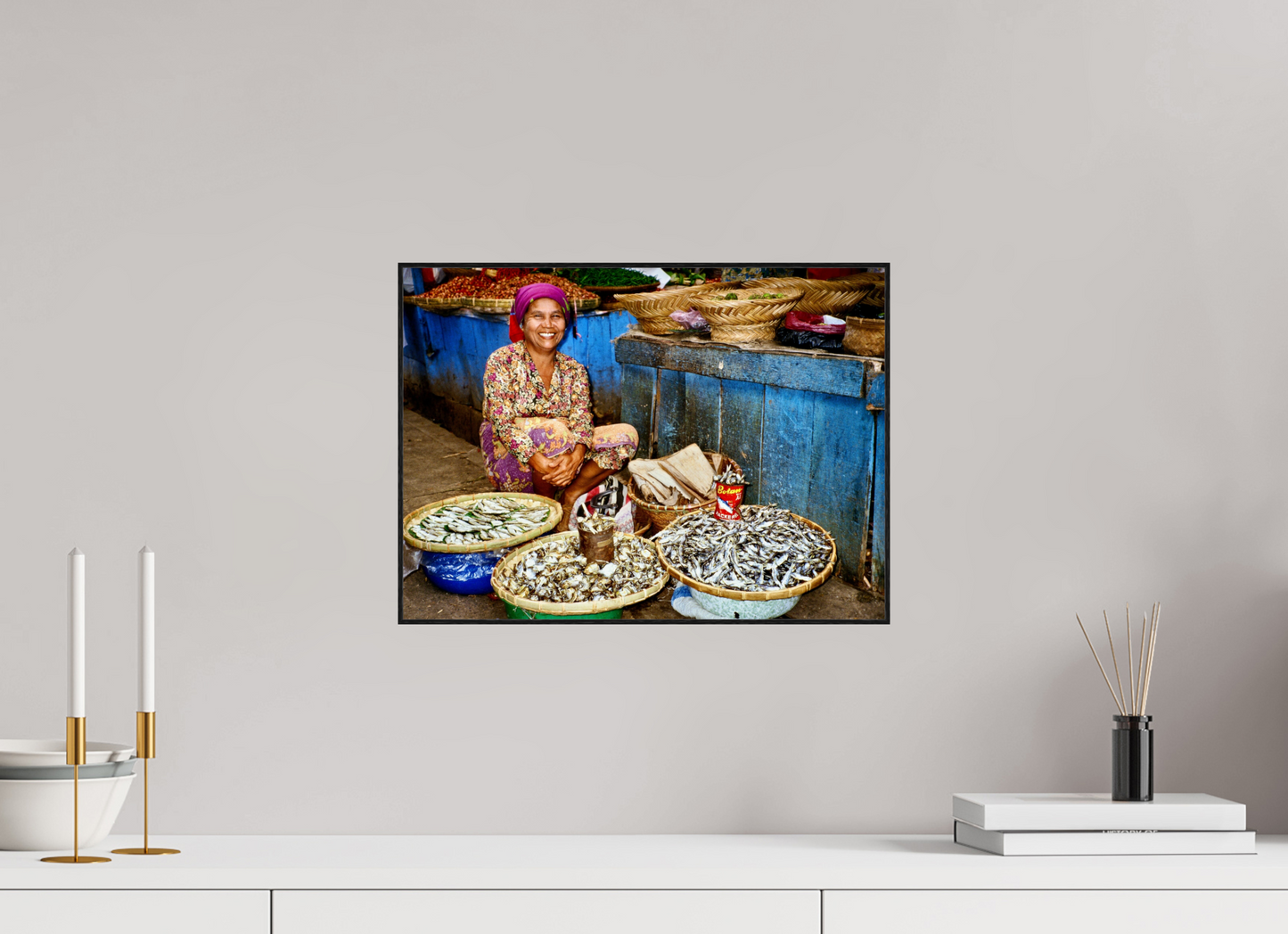 41,1 x 30 cm, Foto-Abzug hinter Acrylglas glänzend - ArtBox aus Massivholz 4 mm, Eiche schwarz Historic Fish Market at Lake Toba - Sumatra Highlands - Indonesia; Fine Art Photo Print under Acrylic Glass,