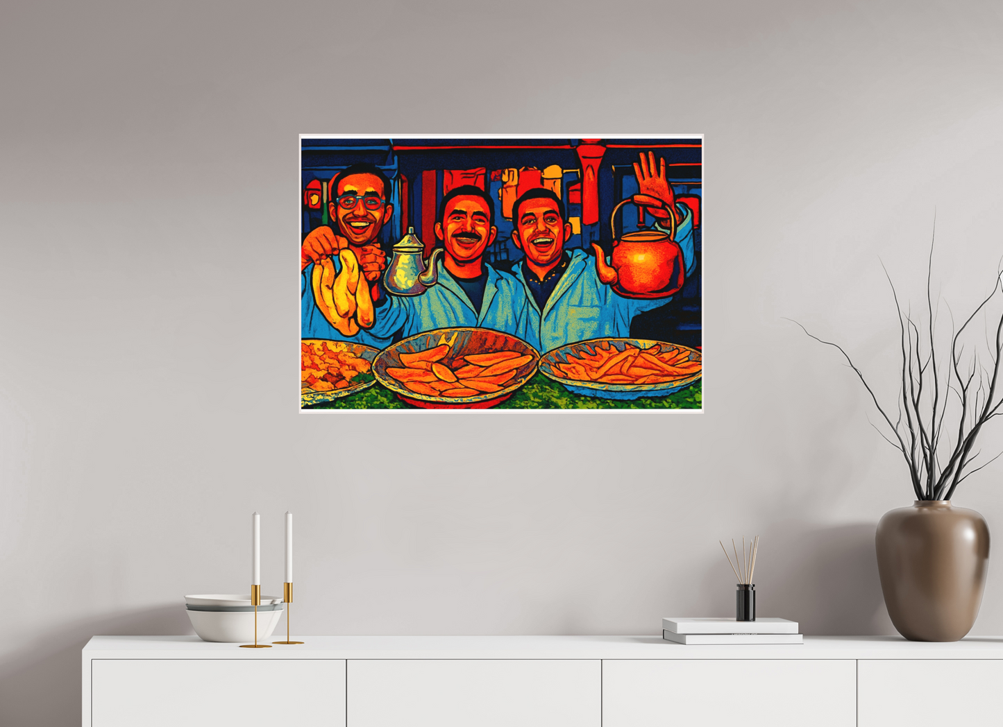 87,1 x 60 cm, Foto Abzug hinter Acrylglas Matt; Art Box aus Massivholz 4 mm Ahorn weiß Oriental Food with Good Mood - Pop Art Design, Vol.3- Photo Art Print under Acrylic Glass