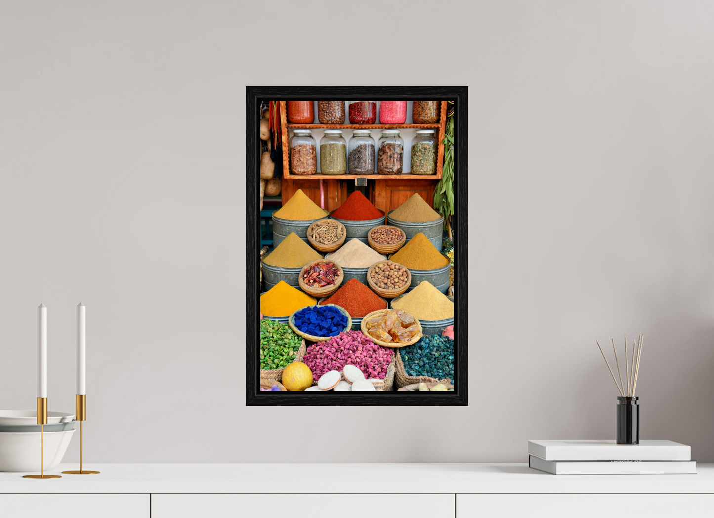 30 x 45 cm, Foto Print on Acrylic glass; Oak Wood Frame Basel 15 mm Spices and Colors from Marrakech; Image taken by J. Schleenbecker; copyright 2025 Fine Art Photo Print under Acrylic Glass