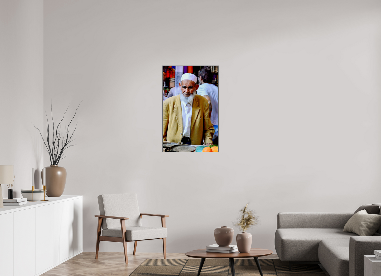 60 x 92,9 cm, Art Box 50 mm - Aluminium Rahmen - Foto-Abzug hinter Acrylglas - printed and designed by Whitewall Old Berber Man in the Souks of Marrakech - Fine Art Photo Print under Acrylic Glass