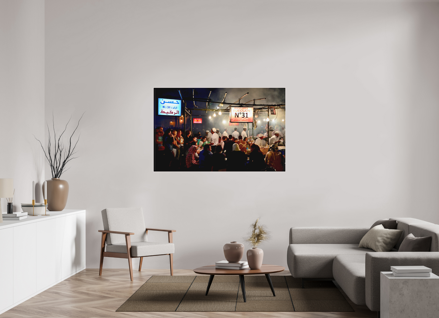 157 x 100 cm, Foto Abzug hinter Acrylglas Matt; Art Box aus Massivholz 4 mm Ahorn weiß Marrakech Street Food Market Vol. 1; Photo Art Print under Acrylic Glass; Art Box Frame 50 mm; White Maple Wood