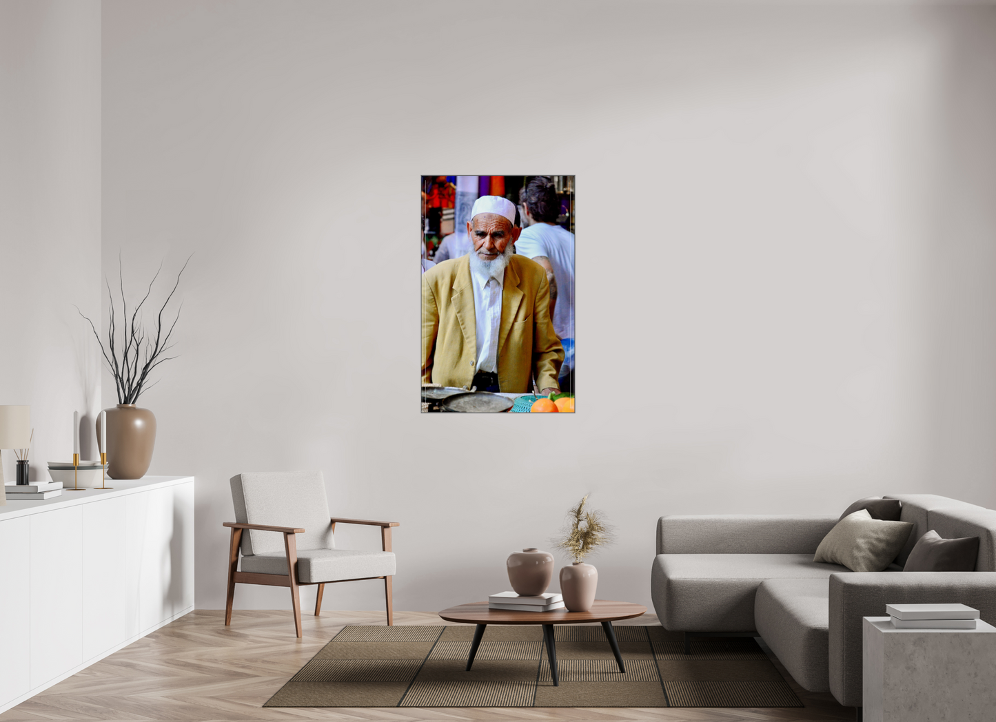 80 x 123,8 cm, Art Box 50 mm - Aluminium Rahmen - Foto-Abzug hinter Acrylglas - printed and designed by Whitewall Old Berber Man in the Souks of Marrakech - Fine Art Photo Print under Acrylic Glass