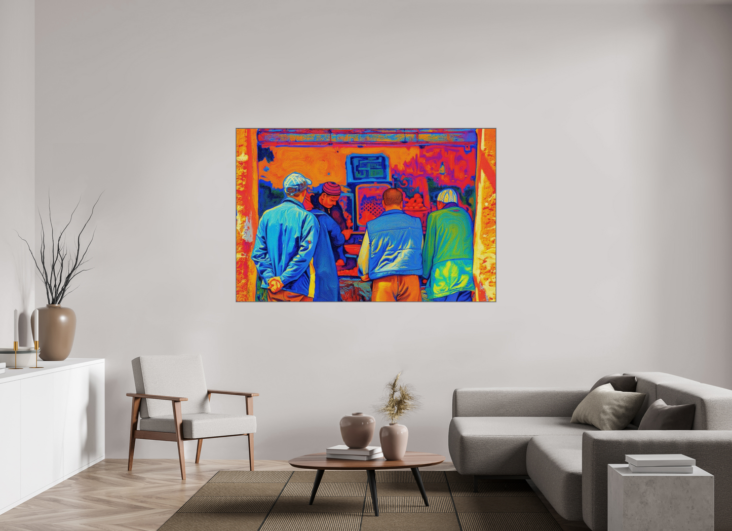 180 x 120 cm, Art Box 50 mm - Aluminium Rahmen - Foto-Abzug hinter Acrylglas - printed and designed by Whitewall Small Berber Shop at Marrakech Medina Vol.3 - Pop Art Design; Photo Print on Acrylic Glass with Oak Wood Art Frame 15 mm.
