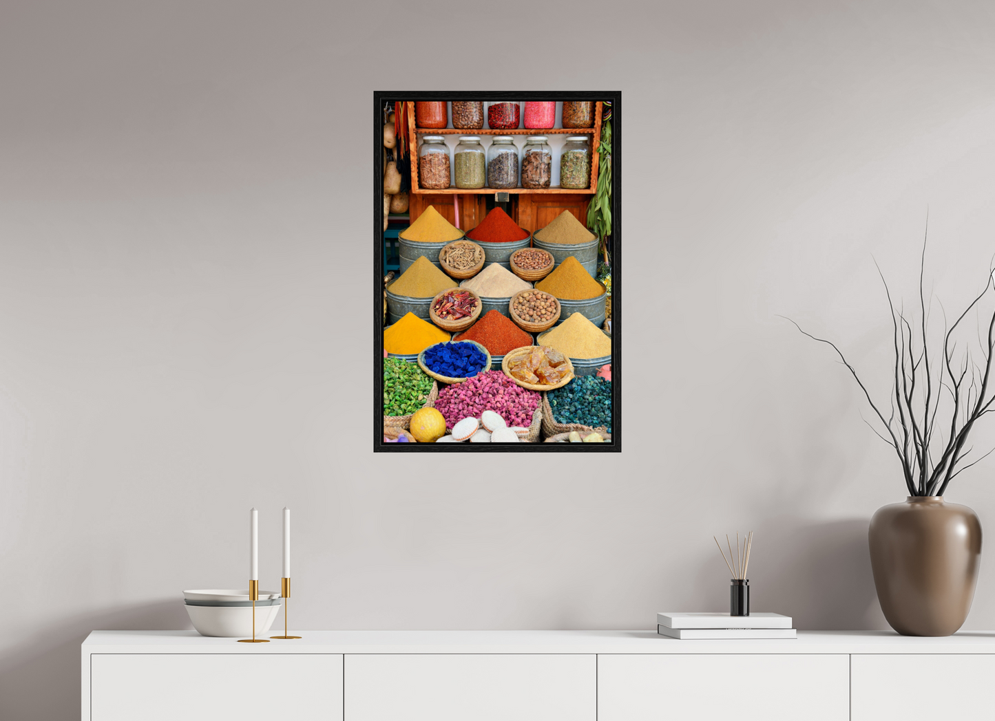 50 x 75 cm, Foto Print on Acrylic glass; Oak Wood Frame Basel 15 mm Spices and Colors from Marrakech; Image taken by J. Schleenbecker; copyright 2025 Fine Art Photo Print under Acrylic Glass