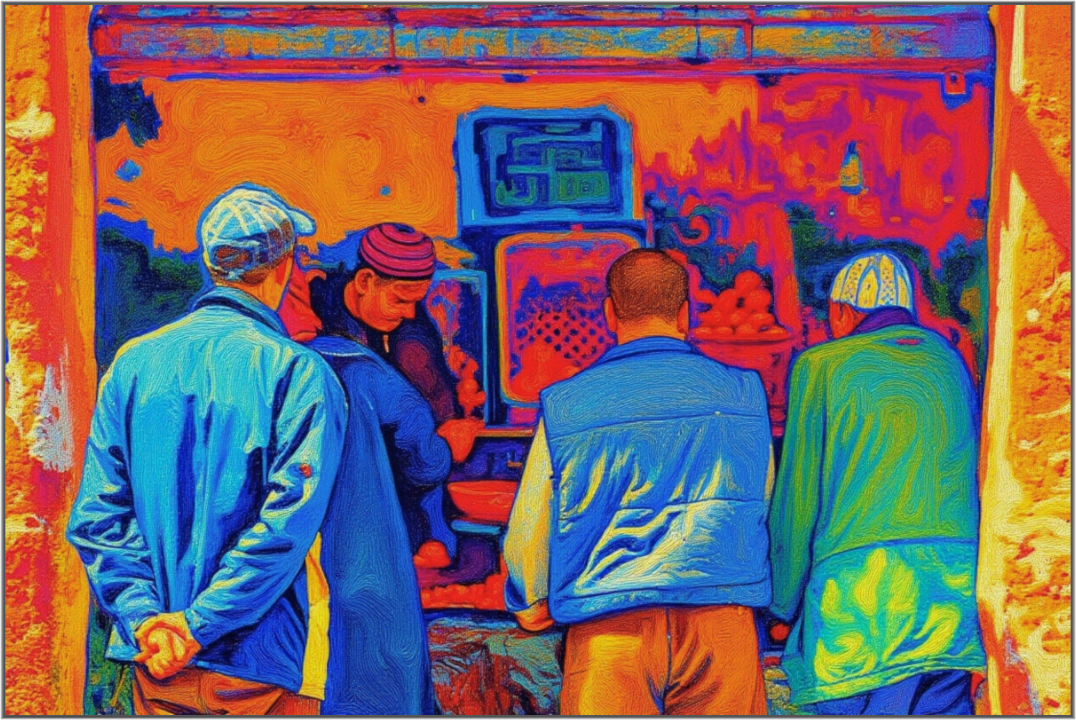 Main image Small Berber Shop at Marrakech Medina Vol.3 - Pop Art Design; Photo Print on Acrylic Glass with Oak Wood Art Frame 15 mm.