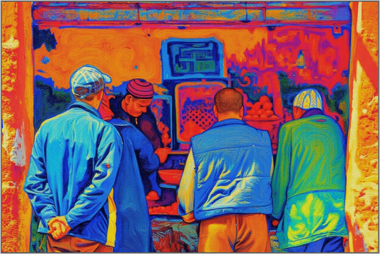 Main image Small Berber Shop at Marrakech Medina Vol.3 - Pop Art Design; Photo Print on Acrylic Glass with Oak Wood Art Frame 15 mm.