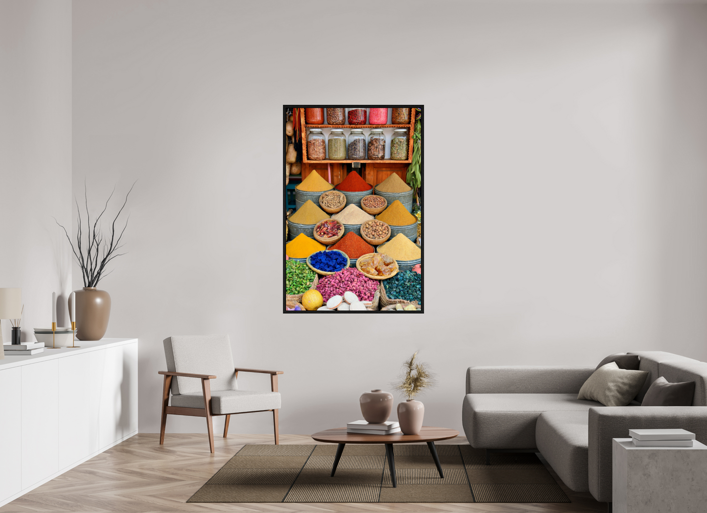100 x 150 cm, Foto Print on Acrylic glass; Oak Wood Frame Basel 15 mm Spices and Colors from Marrakech; Image taken by J. Schleenbecker; copyright 2025 Fine Art Photo Print under Acrylic Glass