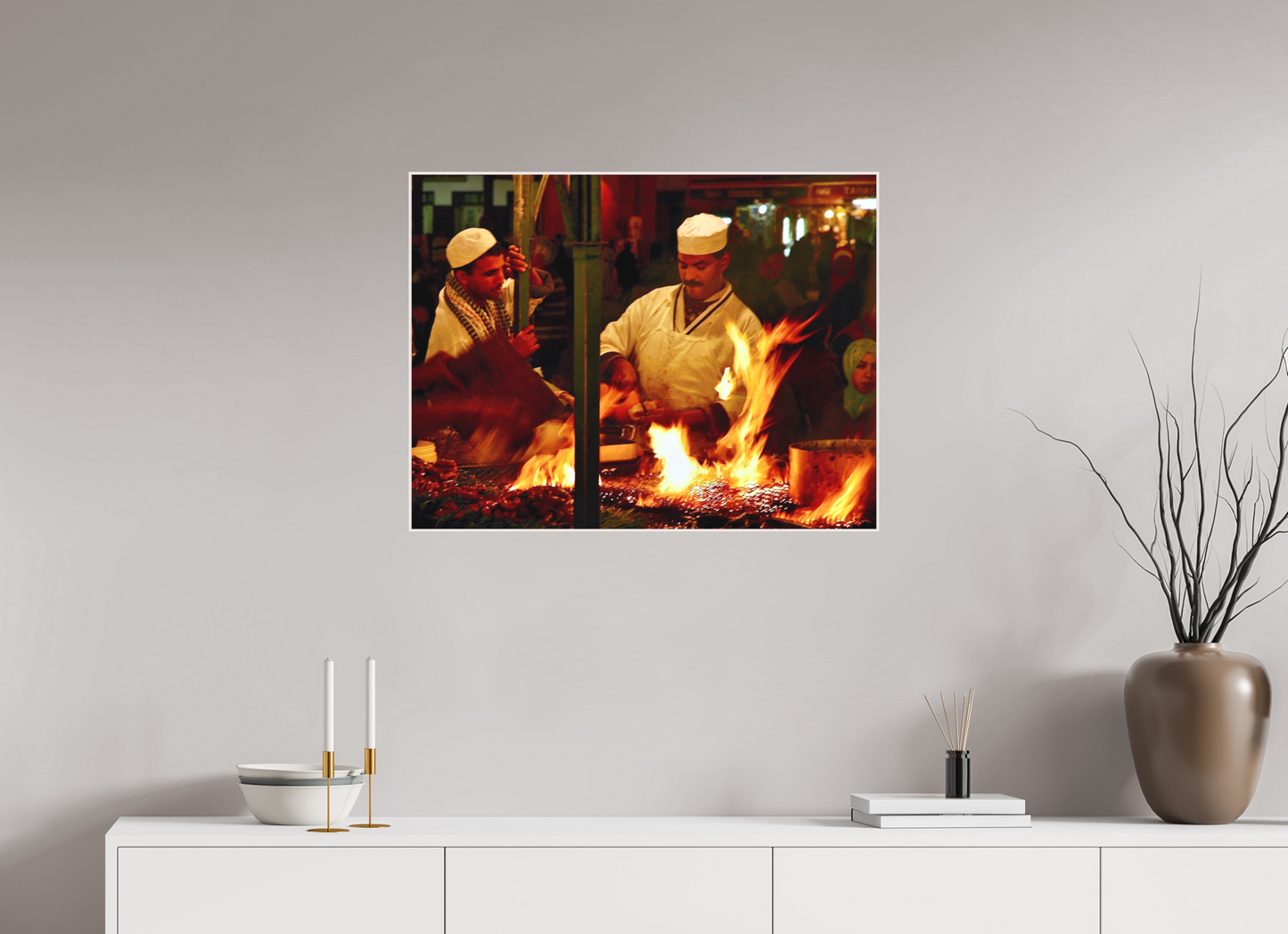 78,7 x 60 cm, Foto Abzug hinter Acrylglas Matt; Art Box aus Massivholz 4 mm Ahorn weiß Marrakech Street Food Market Vol. 5; Photo Art Print under Acrylic Glass; Art Box Frame 50 mm Maple Wood White