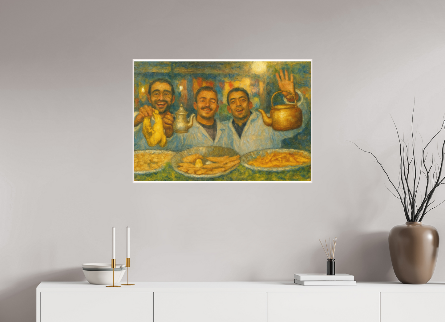 87,1 x 60 cm, Foto Abzug hinter Acrylglas Matt; Art Box aus Massivholz 4 mm Ahorn weiß Oriental Food with Good Mood Vol.2, Photo Art Print under Acrylic Glass, Art Box Frame Wood white 50 mm