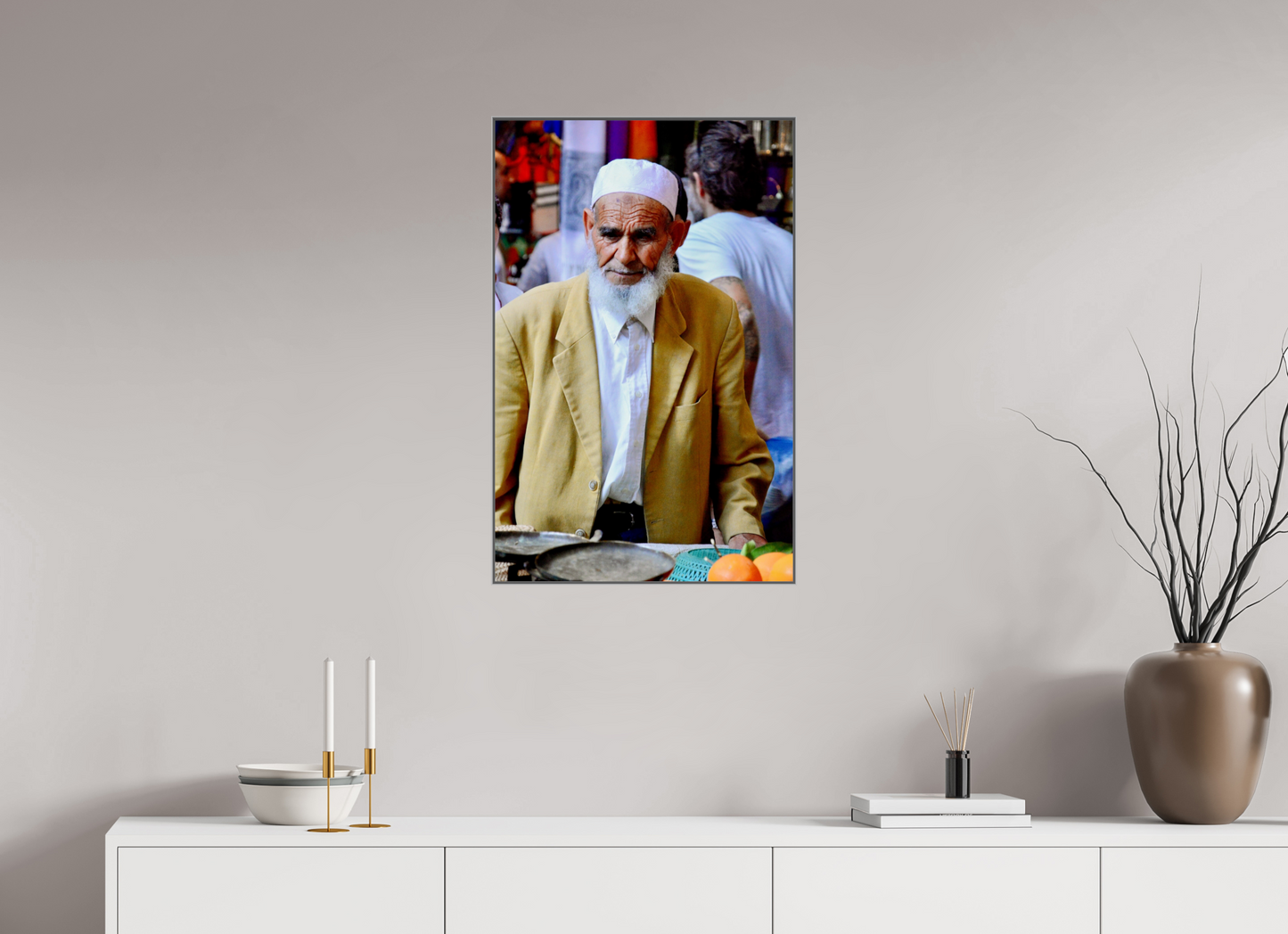 50 x 77,4 cm, Art Box 50 mm - Aluminium Rahmen - Foto-Abzug hinter Acrylglas - printed and designed by Whitewall Old Berber Man in the Souks of Marrakech - Fine Art Photo Print under Acrylic Glass