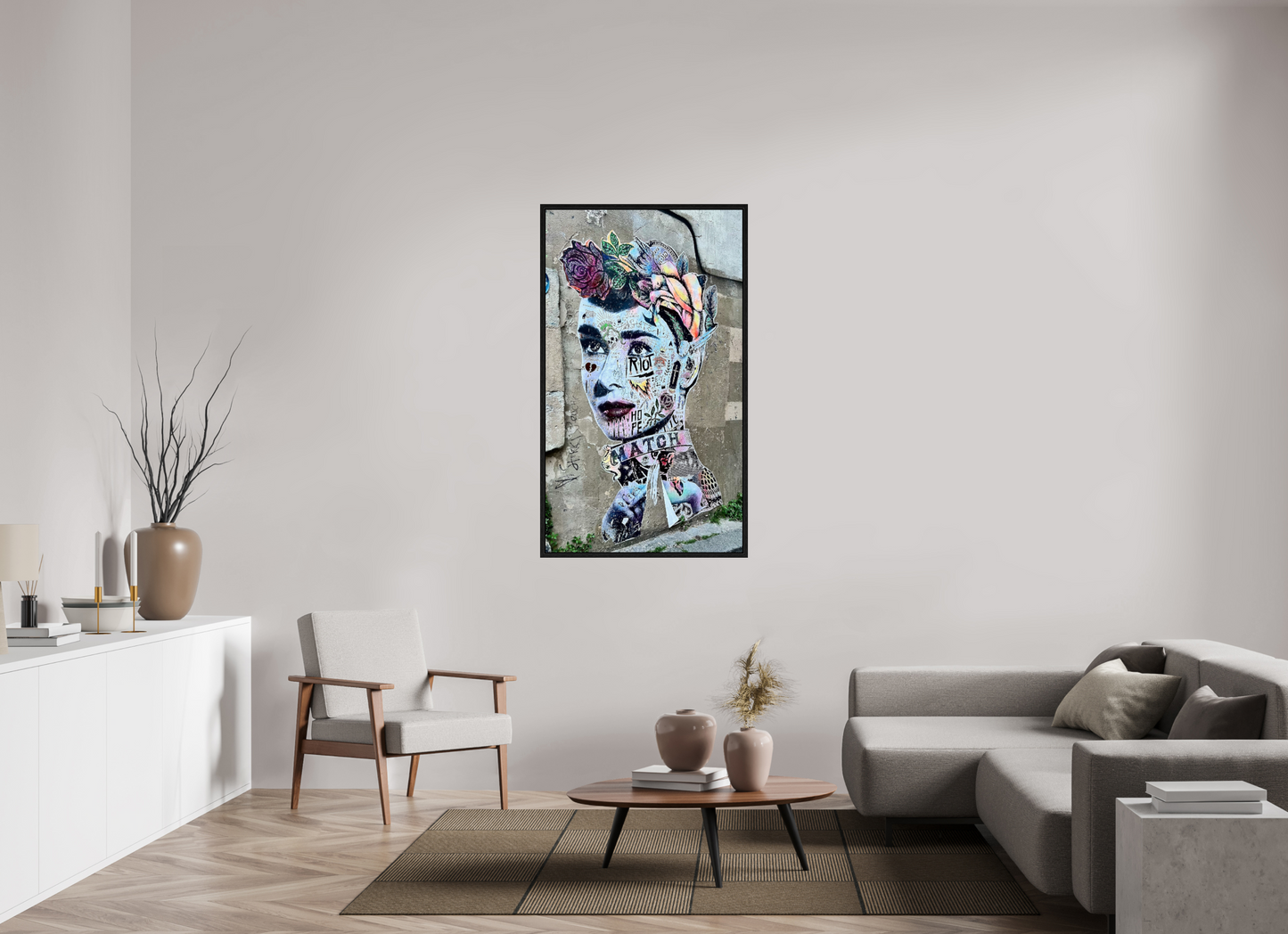 80 x 139,3 cm, Foto Print on Acrylic glass; Oak Wood Frame Basel 15 mm Free Lady from Montmartre - Street Pop Art Vol. 2 - Fine Art Photo Print under Acrylic Glass