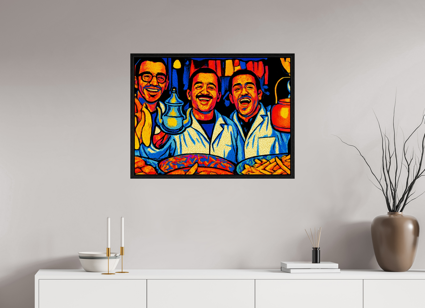 80 x 60 cm, Foto Print on Acrylic glass; Oak Wood Frame Basel 15 mm Oriental Food with Good Mood Vol. 2: Pop Art Design; Fine Art Photo Print under Acrylic Glass