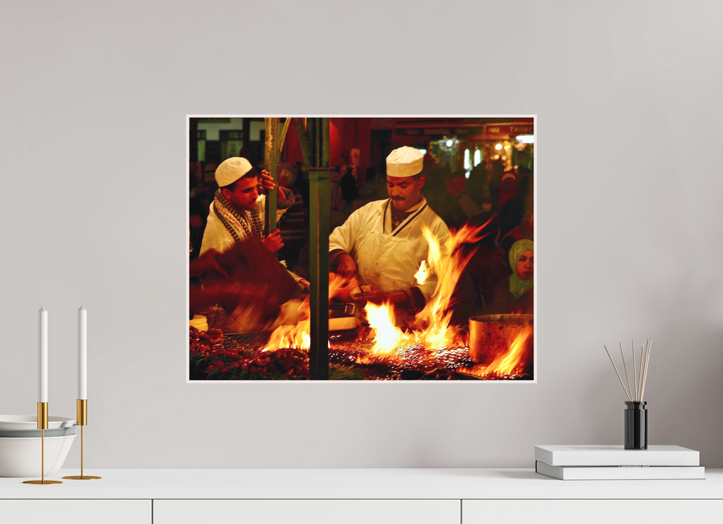 52,4 x 40 cm, Foto Abzug hinter Acrylglas Matt; Art Box aus Massivholz 4 mm Ahorn weiß Marrakech Street Food Market Vol. 5; Photo Art Print under Acrylic Glass; Art Box Frame 50 mm Maple Wood White