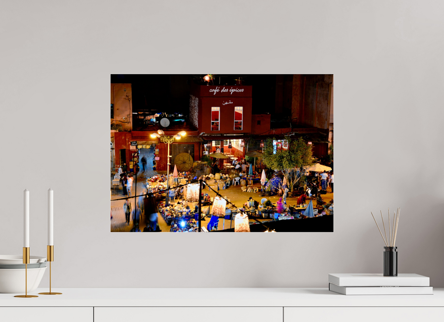 56,4 x 40 cm, Photo Print Under Acrylic Glass Place des Epices Marrakech at Night; Smalll, hidden market square in the Souks of Marrakech Medina, Fine Art Photo Print under Acrylic Glass