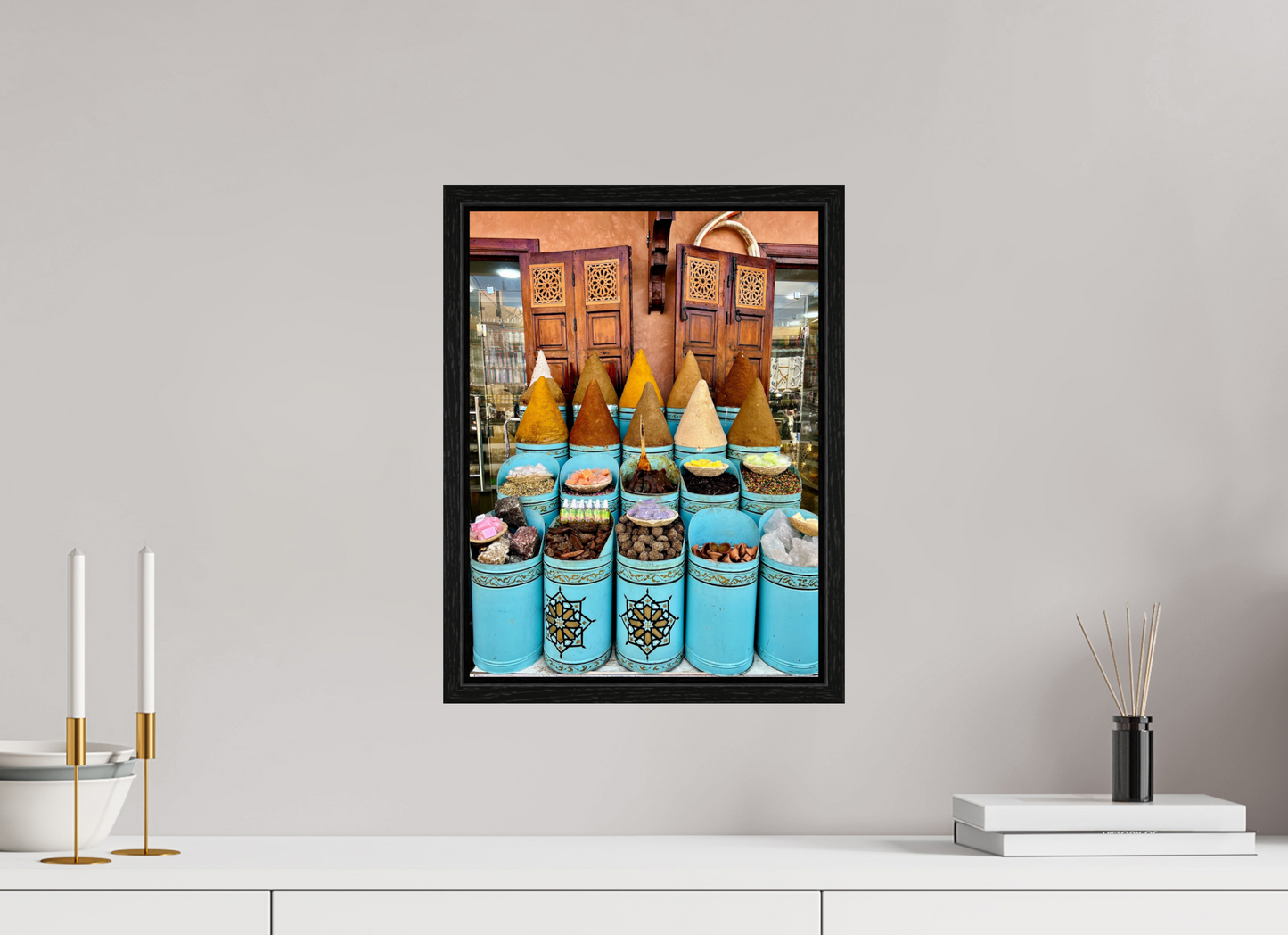 30 x 40 cm, Foto Print on Acrylic glass; Oak Wood Frame Basel 15 mm Colors and Spices Vol. 7 - Souks of Marrakech; Photo Art Print under Acrylic Glass; Phto by J. Schleenbecker, Copyright 2025.