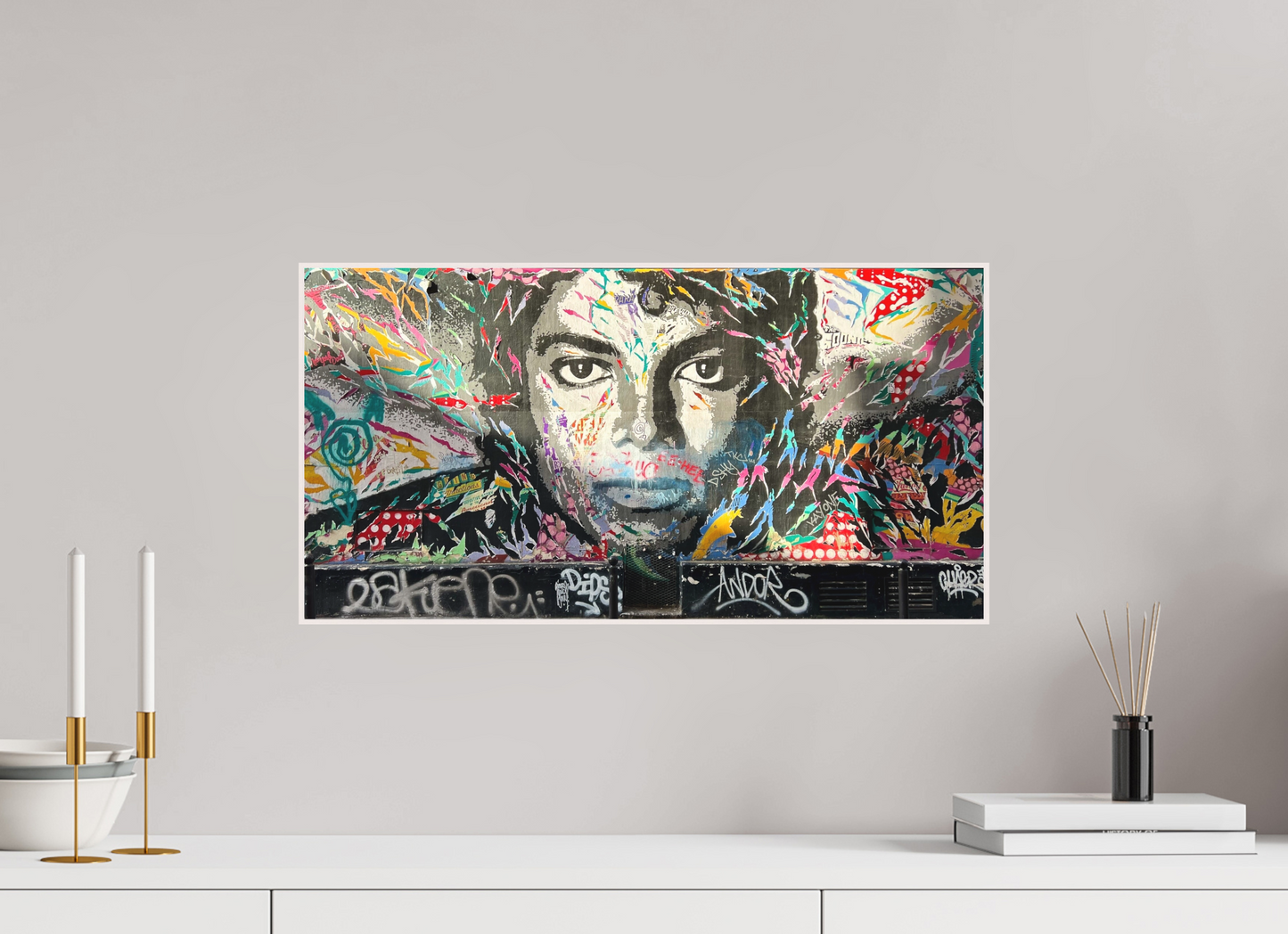 58 x 30 cm, Foto Abzug hinter Acrylglas Matt; Art Box aus Massivholz 4 mm Ahorn weiß The King of Pop Vol. 1 - Collection "Graffiti Street Art meets Marrakech" - Photo Art Print under Acrylic Glass; Various Frame Options