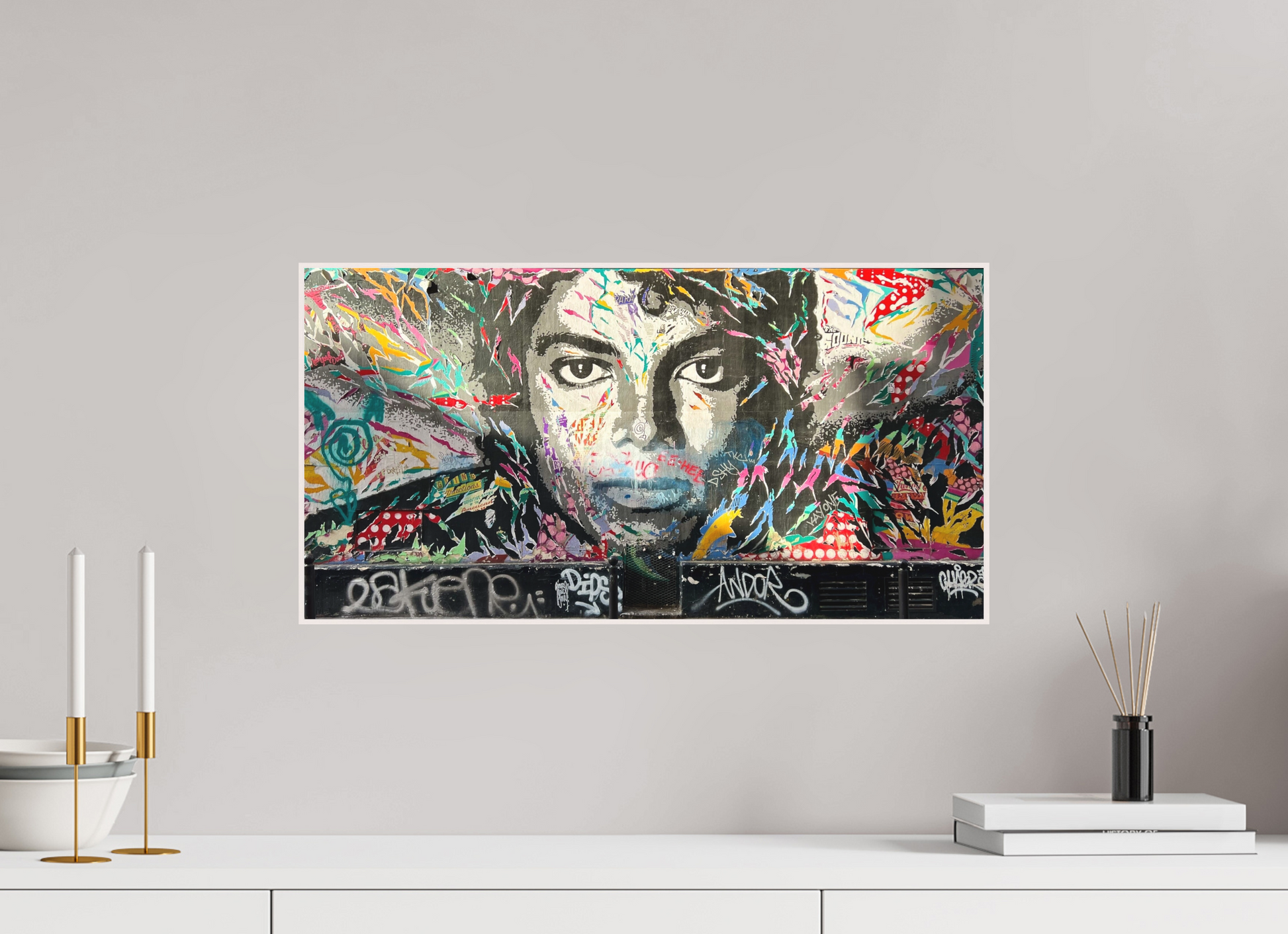 58 x 30 cm, Foto Abzug hinter Acrylglas Matt; Art Box aus Massivholz 4 mm Ahorn weiß The King of Pop Vol. 1 - Collection "Graffiti Street Art meets Marrakech" - Photo Art Print under Acrylic Glass; Various Frame Options