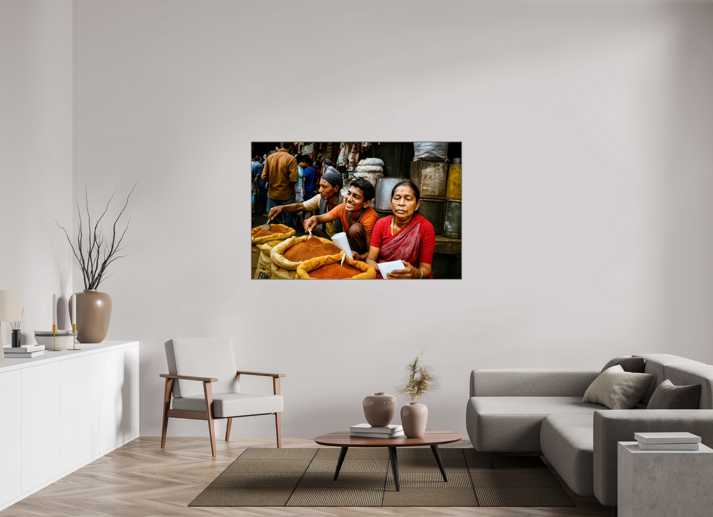 153,3 x 100 cm, Art Box 50 mm - Aluminium Rahmen - Foto-Abzug hinter Acrylglas - printed and designed by Whitewall Market Scene from Himalaya - Old Spice Market Kathmandu-Nepal Vol.1