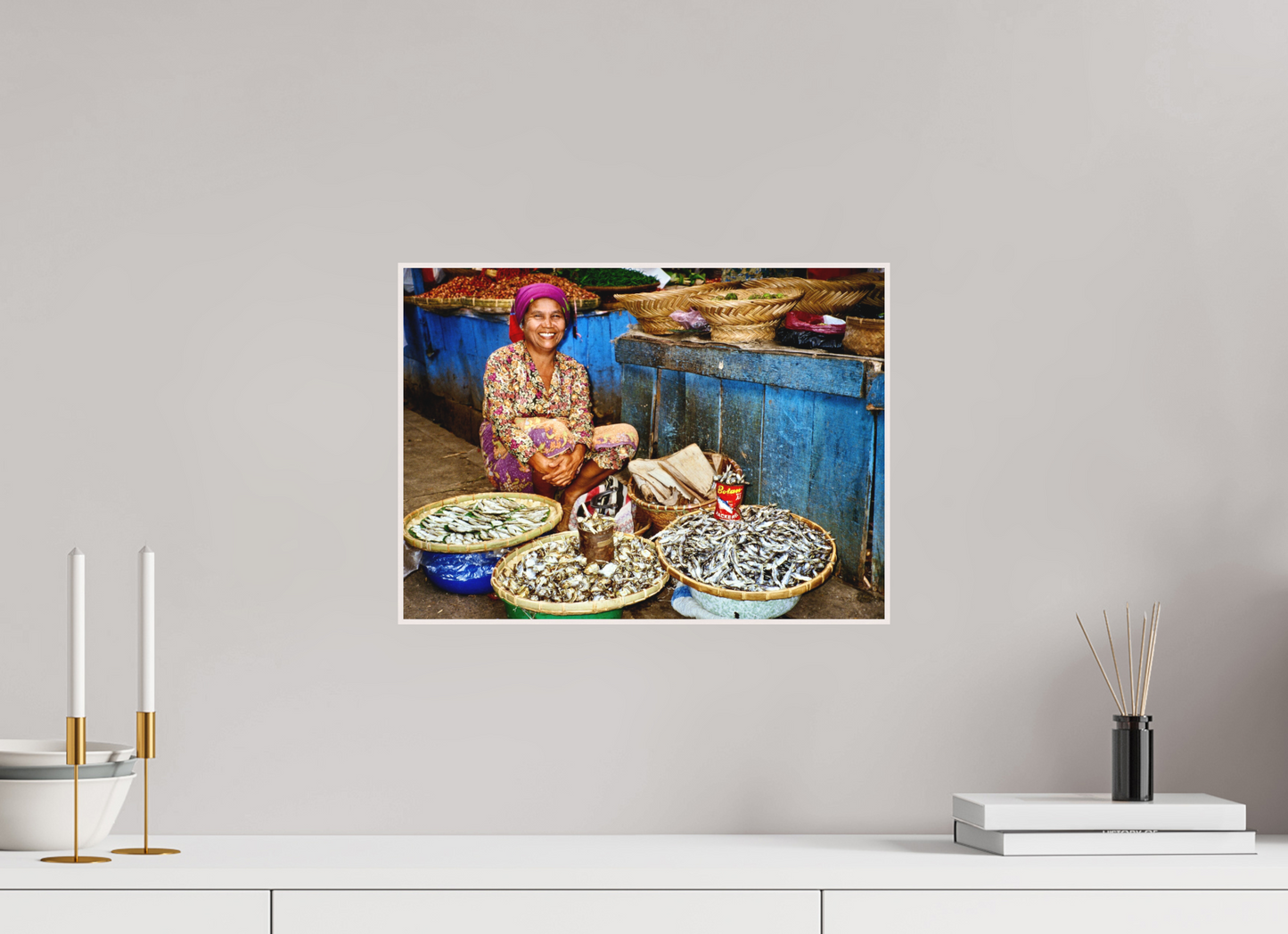 41,1 x 30 cm, Foto Abzug hinter Acrylglas Matt; Art Box aus Massivholz 4 mm Ahorn weiß Historic Fish Market at Lake Toba - Sumatra Highlands - Indonesia; Fine Art Photo Print under Acrylic Glass,