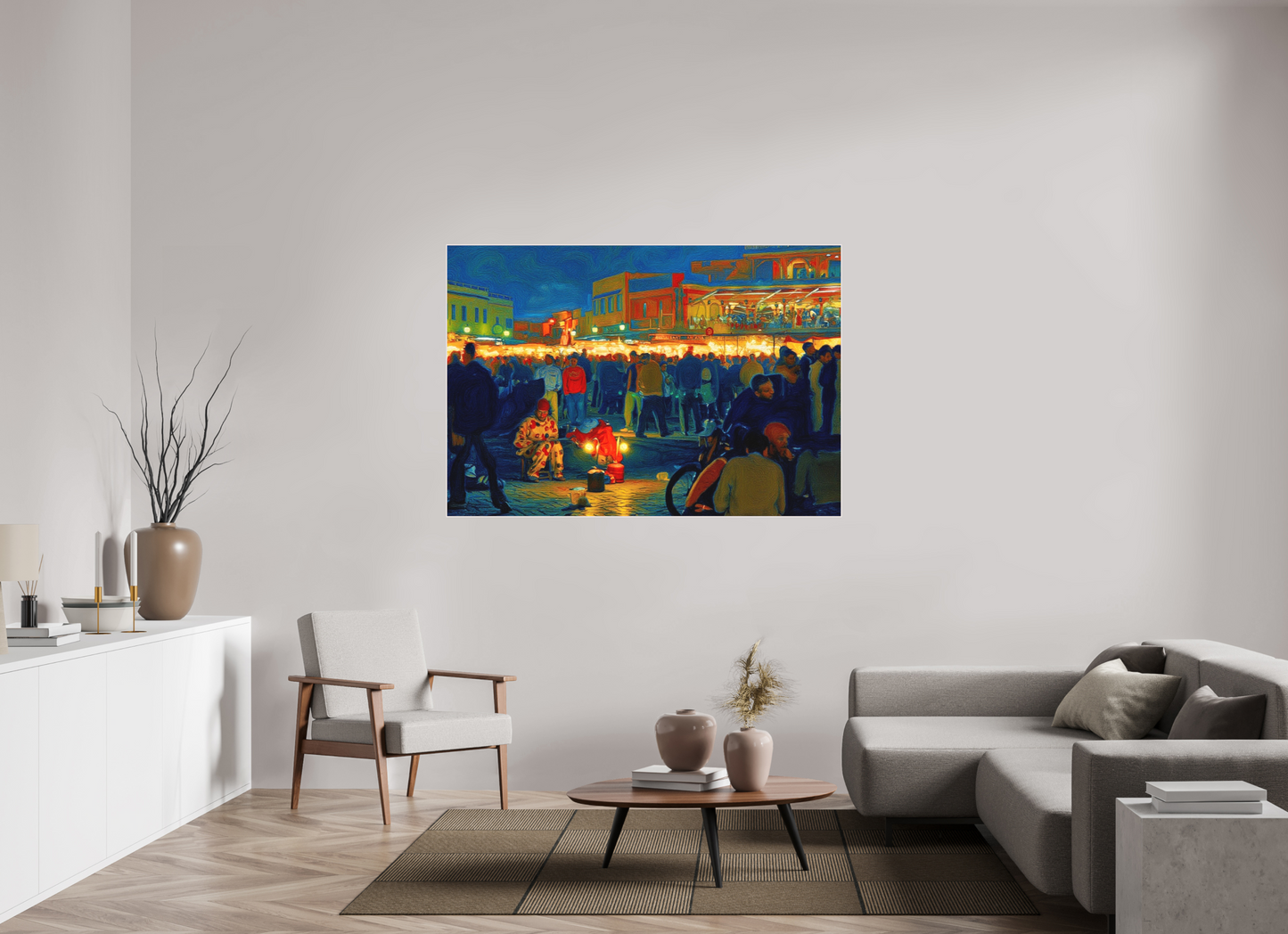 159,8 x 110 cm, Foto Abzug hinter Acrylglas Matt; Art Box aus Massivholz 4 mm Ahorn weiß Clown on Djeema el Fna Square Vol. 4 - Pop Art Design; Photo Art Print under Acrylic Glass, Art Box Frame Wood Ahorn  50 mm, P