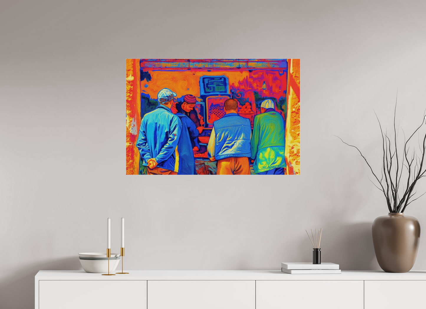 90 x 60 cm, Photo Print Under Acrylic Glass Small Berber Shop at Marrakech Medina Vol.3 - Pop Art Design; Photo Print on Acrylic Glass.