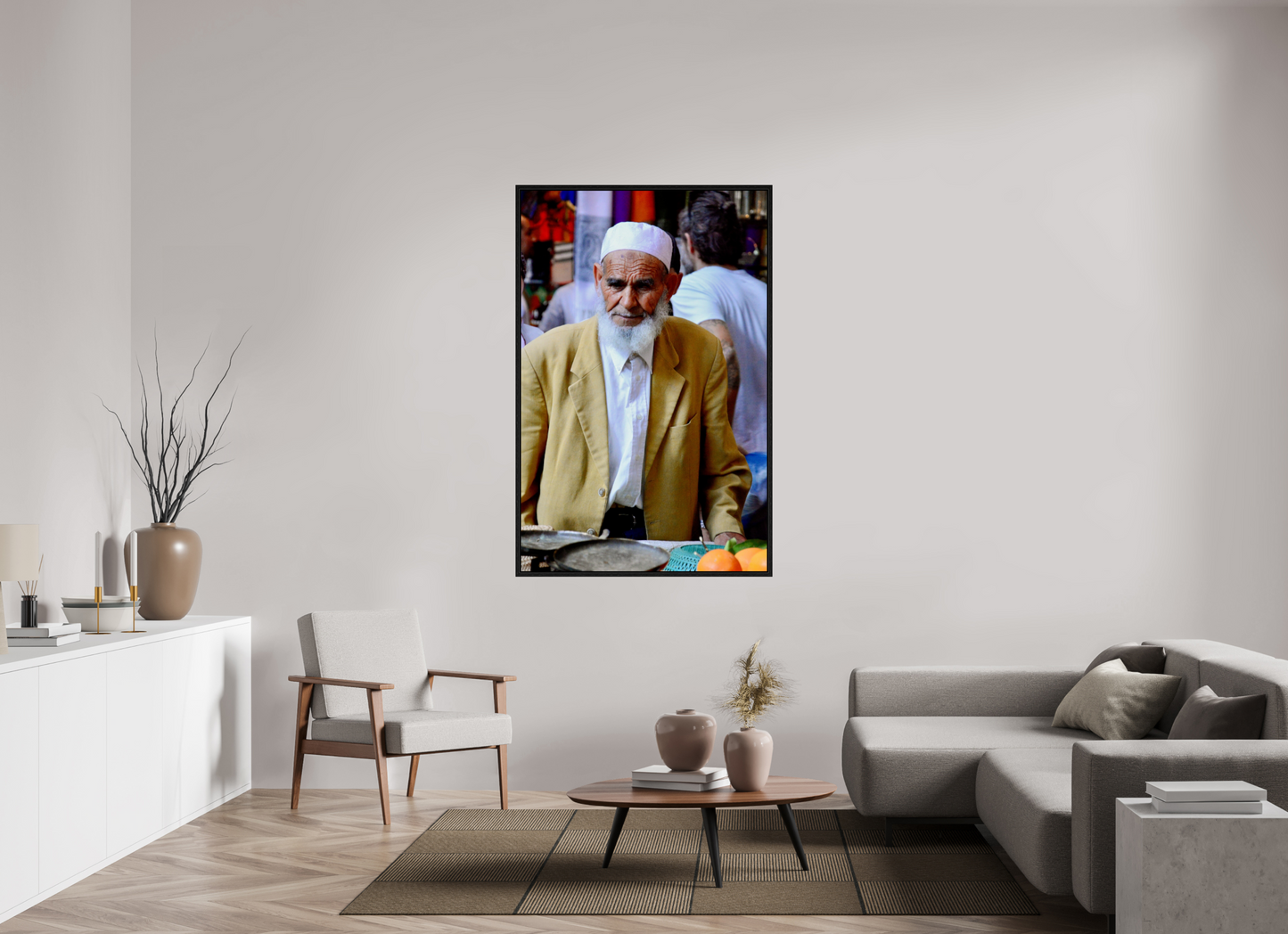 100 x 154,8 cm, Foto Print on Acrylic glass; Oak Wood Frame Basel 15 mm Old Berber Man in the Souks of Marrakech; Photo Art Print on Acrylic glass; Oak wood frame