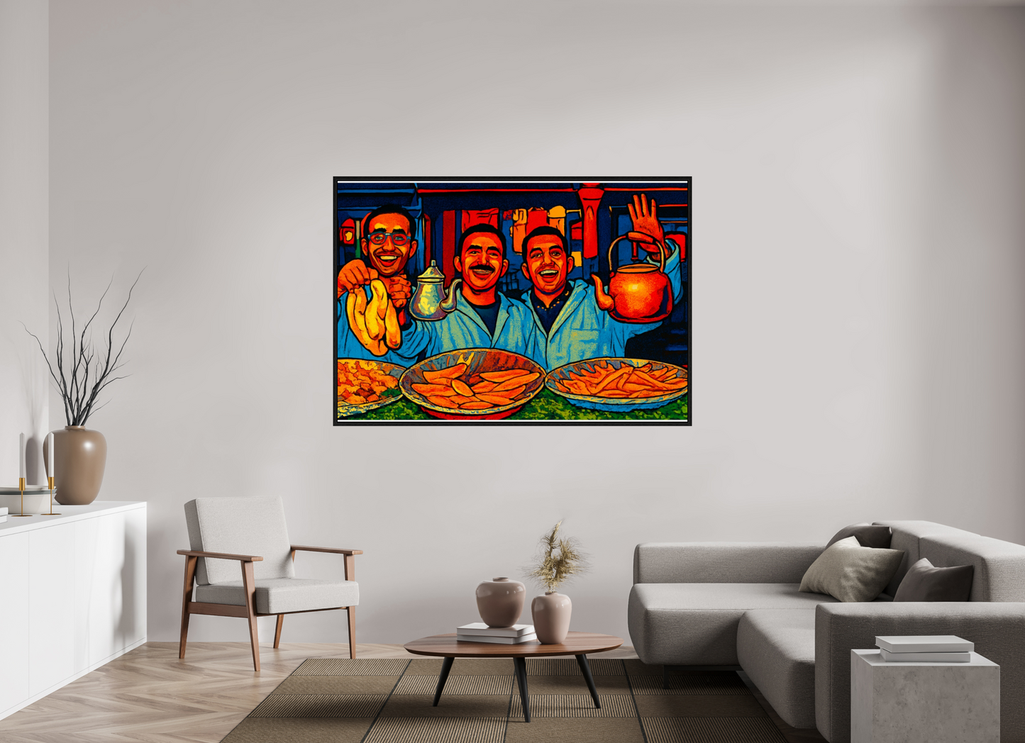174,3 x 120 cm, Foto Print on Acrylic glass; Oak Wood Frame Basel 15 mm Oriental Food with Good Mood - Pop Art Design, Vol.3- Photo Art Print under Acrylic Glass