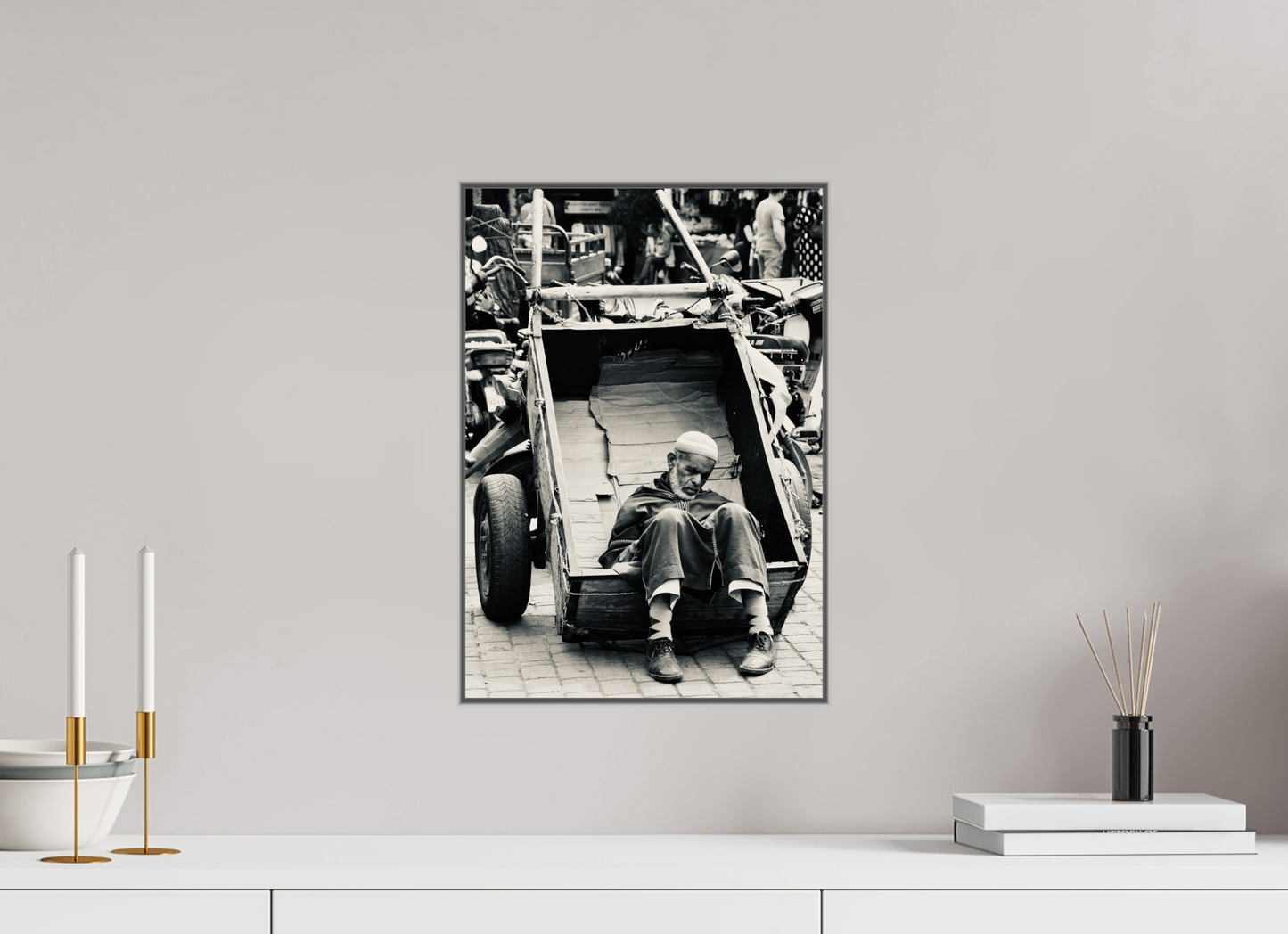 Time for a Break - Souks of Marrakech-Morocco; Fine Art Photo Print under Acrylic glass; Art Box Aluminium Frame 50 mm.