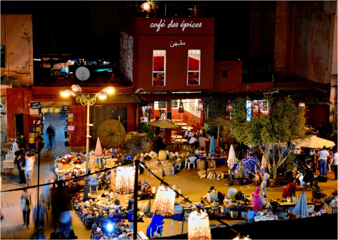 Main image Place des Epices Marrakech at Night; Smalll, hidden market square in the Souks of Marrakech Medina, Fine Art Photo Print under Acrylic Glass