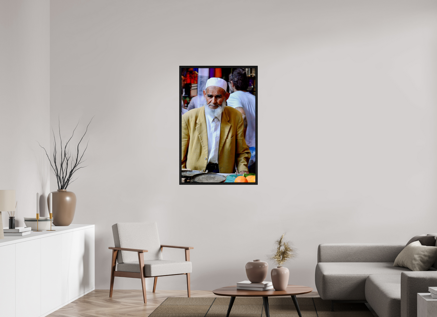 70 x 108,4 cm, Foto Print on Acrylic glass; Oak Wood Frame Basel 15 mm Old Berber Man in the Souks of Marrakech; Photo Art Print on Acrylic glass; Oak wood frame