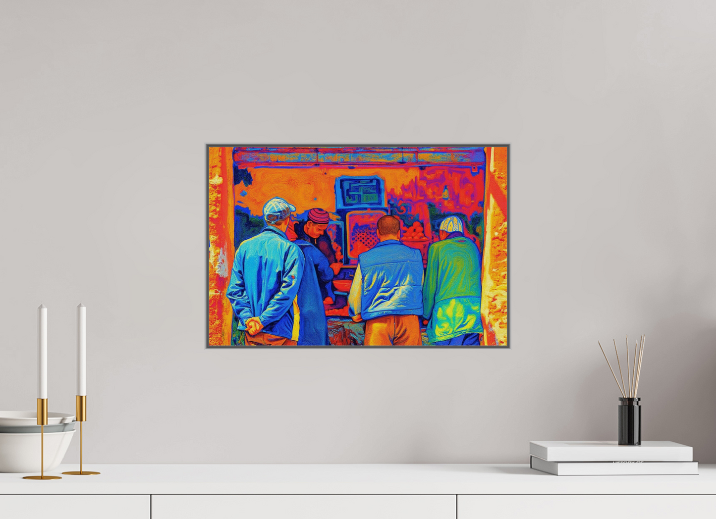 45 x 30 cm, Art Box 50 mm - Aluminium Rahmen - Foto-Abzug hinter Acrylglas - printed and designed by Whitewall Small Berber Shop at Marrakech Medina Vol.3 - Pop Art Design; Photo Print on Acrylic Glass with Oak Wood Art Frame 15 mm.