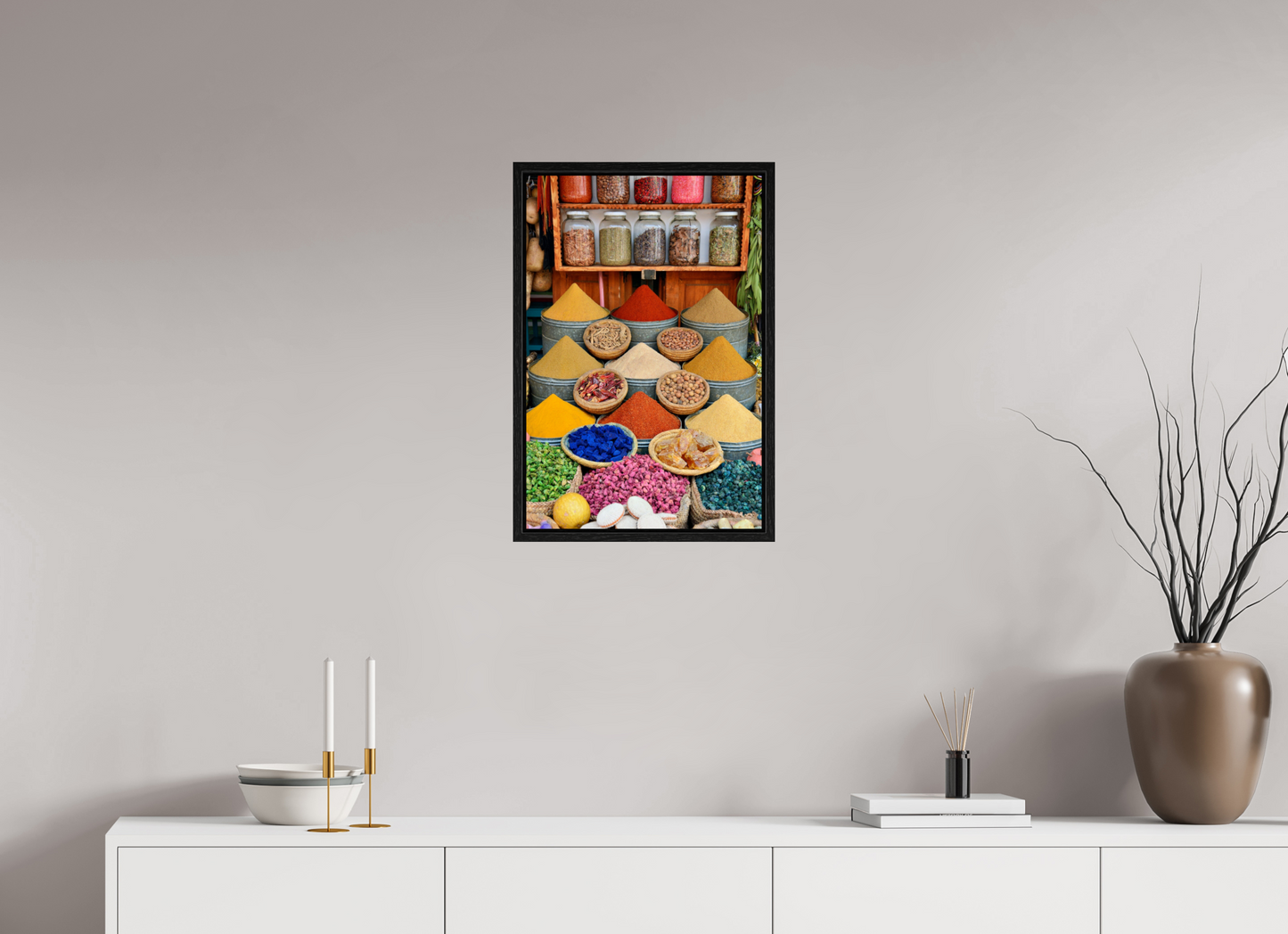 40 x 60 cm, Foto Print on Acrylic glass; Oak Wood Frame Basel 15 mm Spices and Colors from Marrakech; Image taken by J. Schleenbecker; copyright 2025 Fine Art Photo Print under Acrylic Glass