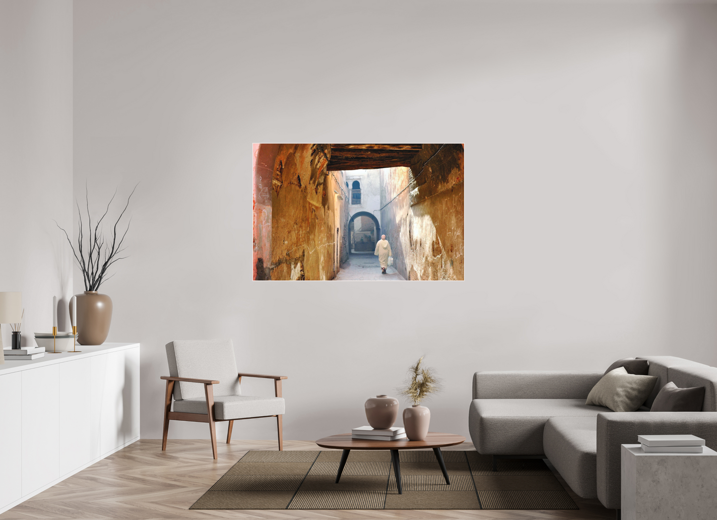154,1 x 100 cm, Foto Abzug hinter Acrylglas Matt; Art Box aus Massivholz 4 mm Ahorn weiß The Souks of Marrakech Vol.8 - Hidden in the Medina