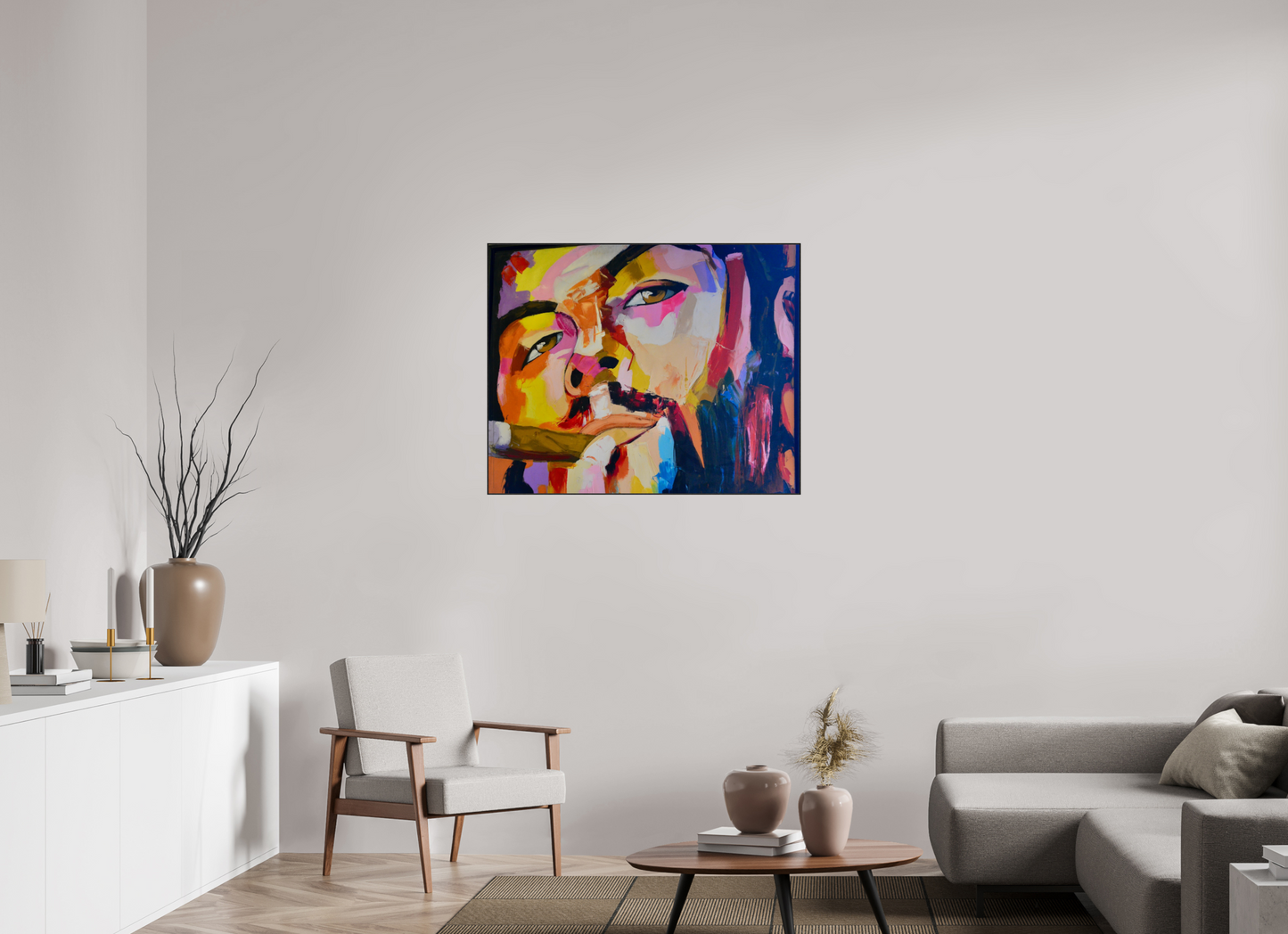 99,9 x 80 cm, Foto-Abzug hinter Acrylglas glänzend - ArtBox aus Massivholz 4 mm, Eiche schwarz Cool Boy with Cigar - Pop Art Painting - Fine Art Print on Acrylic Glass, Oak Wood Frame