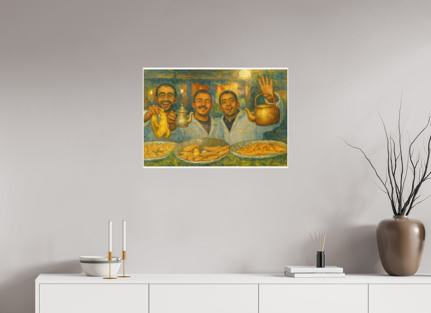 72,6 x 50 cm, Foto Abzug hinter Acrylglas Matt; Art Box aus Massivholz 4 mm Ahorn weiß Oriental Food with Good Mood Vol.2, Photo Art Print under Acrylic Glass, Art Box Frame Wood white 50 mm