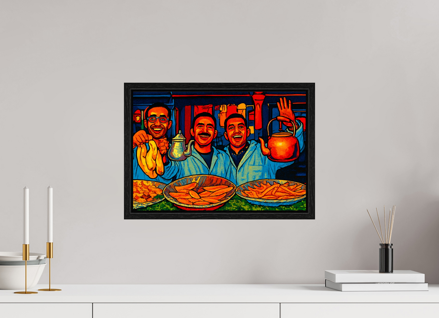 43,6 x 30 cm, Foto Print on Acrylic glass; Oak Wood Frame Basel 15 mm Oriental Food with Good Mood - Pop Art Design, Vol.3- Photo Art Print under Acrylic Glass