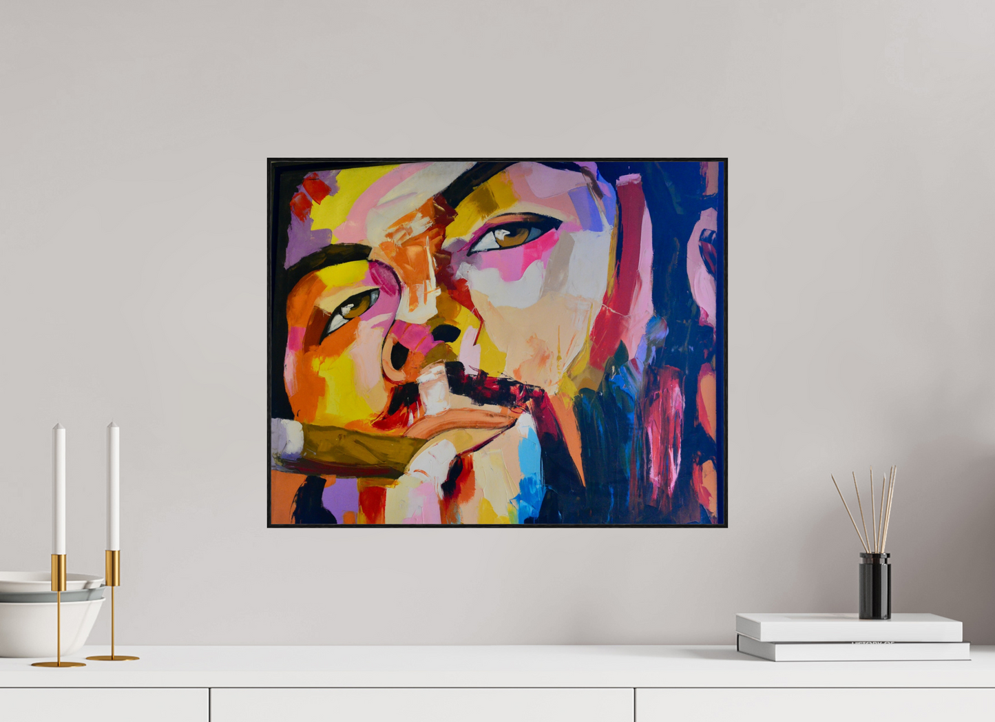50 x 40 cm, Foto-Abzug hinter Acrylglas glänzend - ArtBox aus Massivholz 4 mm, Eiche schwarz Cool Boy with Cigar - Pop Art Painting - Fine Art Print on Acrylic Glass, Oak Wood Frame
